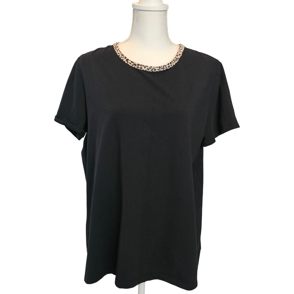Lands' End Black Basic Casual T Shirt Cheetah Animal Print Neck Top Size XL